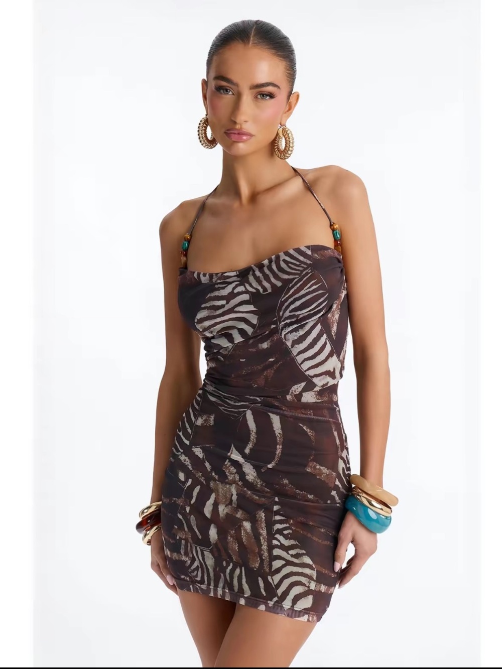 Fashion Nova Brown Zebra-Print Beaded Strap Mini Dress